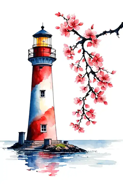 cherry blossom branch with red blossoms, lighthouse, fine lines tattoo design idea