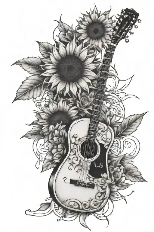 sunflowers and acoustic guitar intertwined tattoo design idea