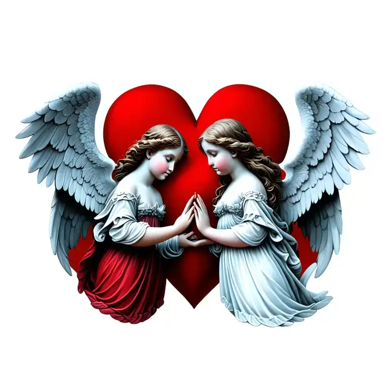 two angels holding their hand surrounded by a red heart tattoo design idea