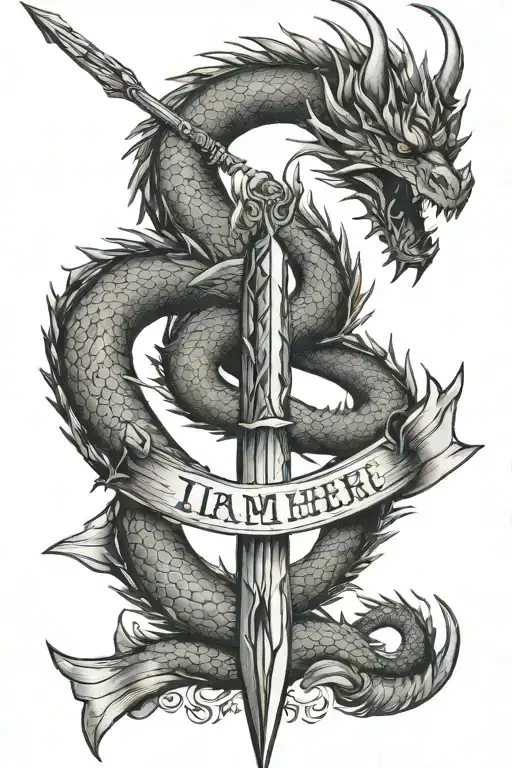 Dragon Arrow With Words I am Here tattoo design idea