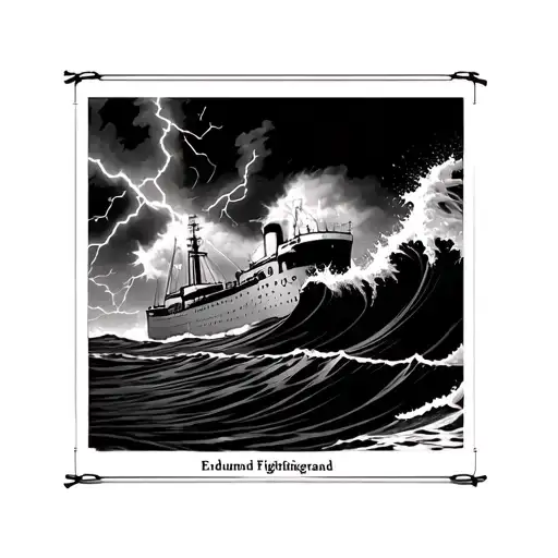 the front of Edmund Fitzgerald going through waves (waves in art style of japese big wave) with lightenting bolts throug tattoo design idea