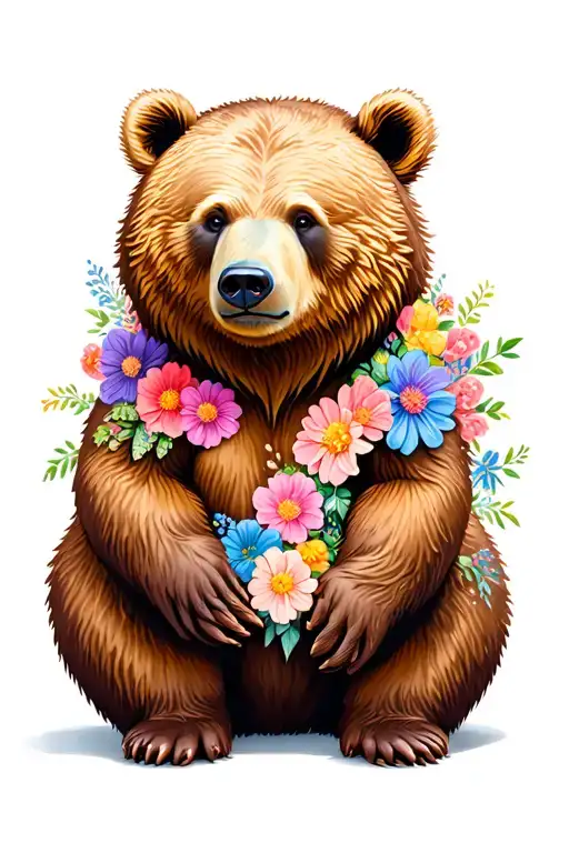 brown Bear sitting/standing slightly sideways, , decorated with flowers, colors pastel, calming tattoo design idea