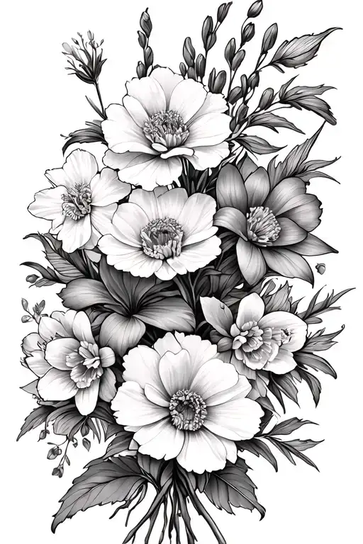 black/white fine-line tatto with a bouqet of carnation, violet, gladiolus, aste, chrystantemum, daffodil, just the lines tattoo design idea