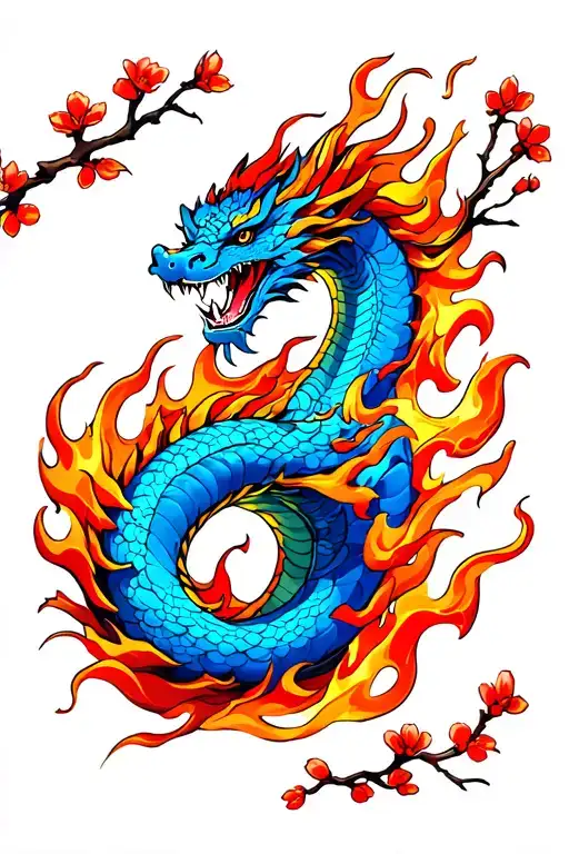 Blue Japanese dragon coiling through orange flames, framed by a few red cherry blossoms and branches. tattoo design idea