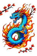 Blue Japanese dragon coiling through orange flames, framed by a few red cherry blossoms and branches. tattoo design idea