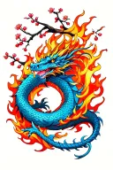 Blue Japanese dragon coiling through orange flames, framed by a few red cherry blossoms and branches. tattoo design idea