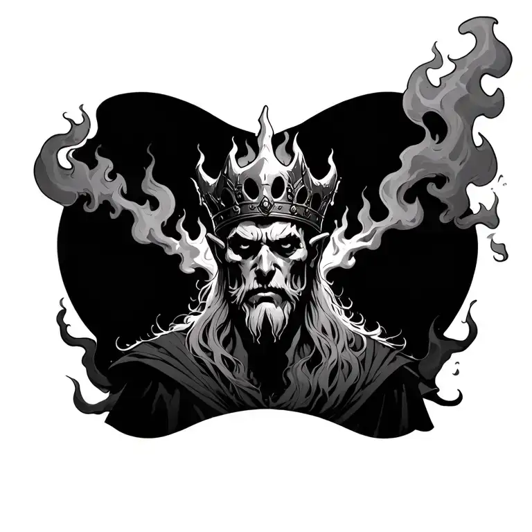 Hades wearing a bone crown, smoke rising from his eyes, underworld flames swirling behind his throne tattoo design idea