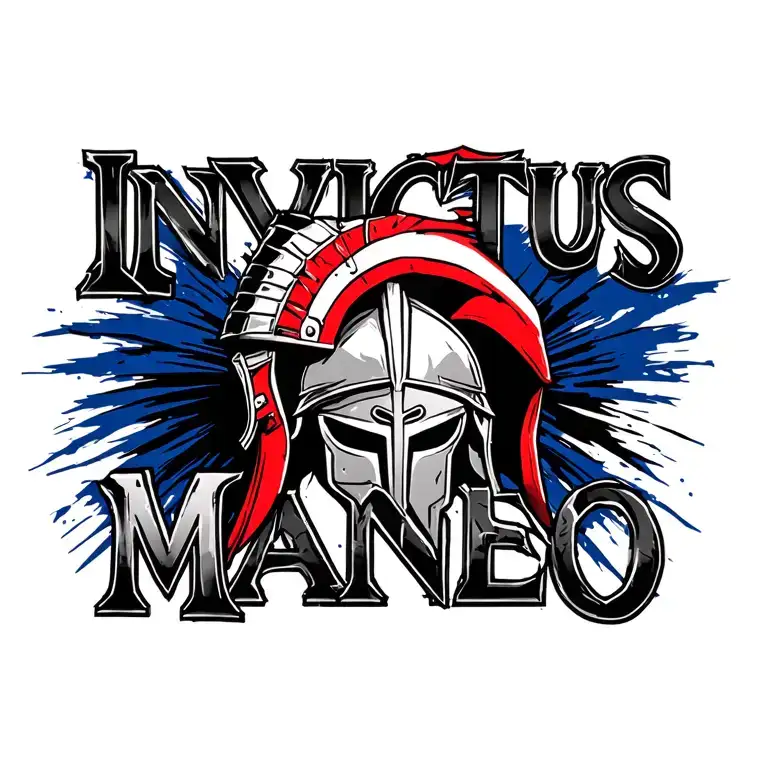 "Invictus Maneo" red white and blue spartan helmet tattoo design idea