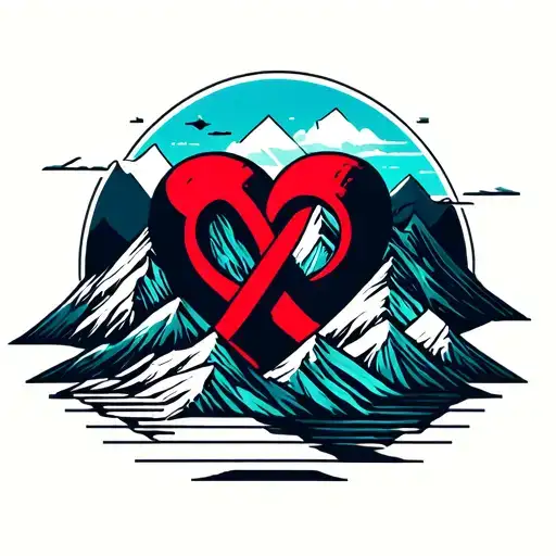 heart with infinite logo combined together with thick lined mountain behind it tattoo design idea