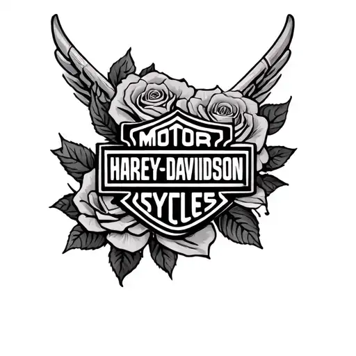 Harley Davidson, shield outline with roses going through the emblem tattoo design idea
