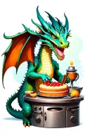 A whimsical scene of a dragon baking a cake in a magical kitchen filled with enchanted ingredients tattoo design idea