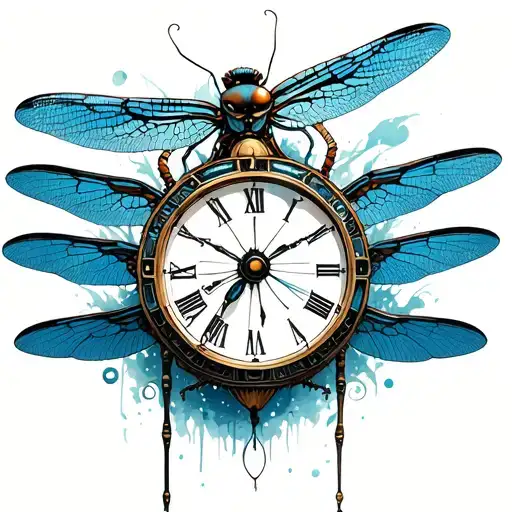 Mechanical Dragonfly clock tattoo design idea