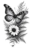 wildflower ethereal boho black and gray only shoulder to wrist butterfly and dragonfly and fern with empty space tattoo design idea