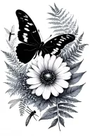 wildflower ethereal boho black and gray only shoulder to wrist butterfly and dragonfly and fern with empty space tattoo design idea