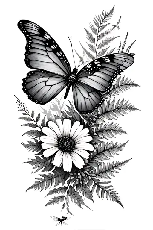 wildflower ethereal boho black and gray only shoulder to wrist butterfly and dragonfly and fern with empty space tattoo design idea
