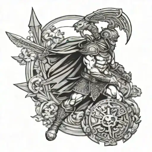 king leonitas angel spartan with shield and sword watching Persian ships wreck tattoo design idea