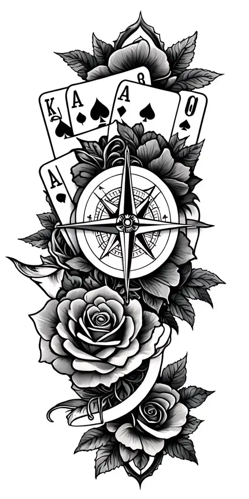 filigree design with playing cards, compass and roses tattoo design idea