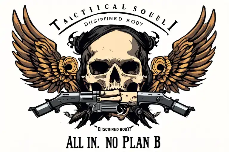 "Tactical Soul," "Disciplined Body," "All in. No Plan B," tattoo design idea