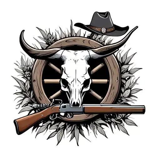 wagon wheel, cowboy hat, bull skull, rifle, and rumble weed tattoo design idea
