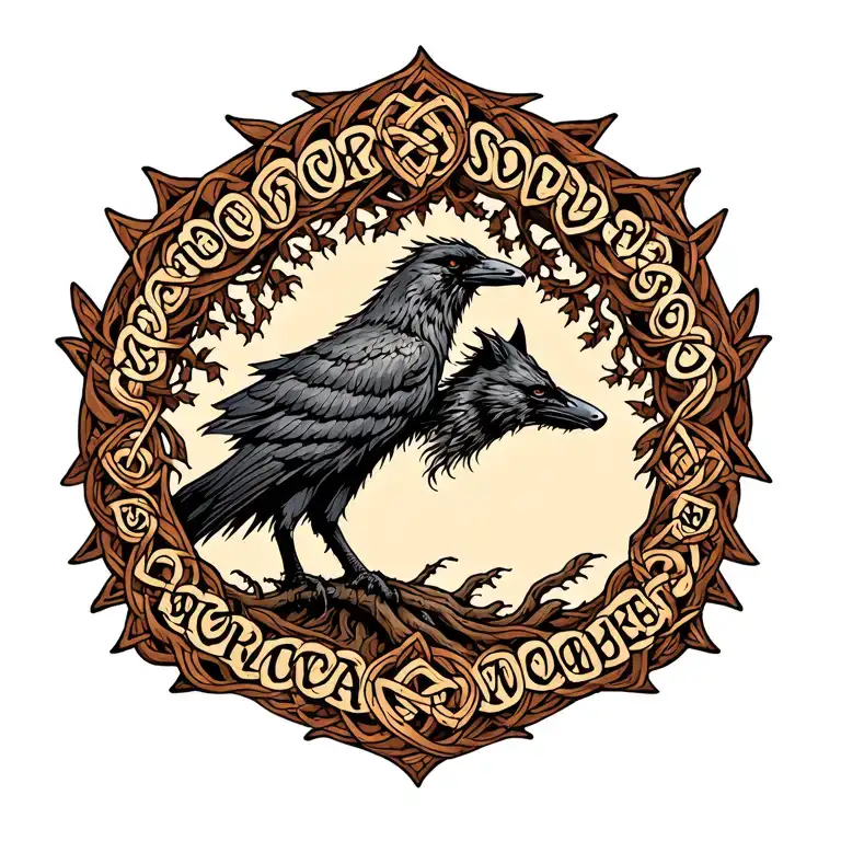 Celtic tree  with names etched Audrey Herbert a tribal raven  a tribal wolf  a tribal dragon a tribal phoenix tattoo design idea