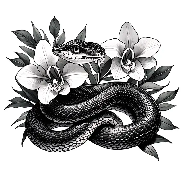 snake and orchids tattoo design idea