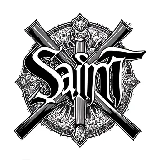 The word saint is crossed out by two fat lines, there are almost no letters tattoo design idea