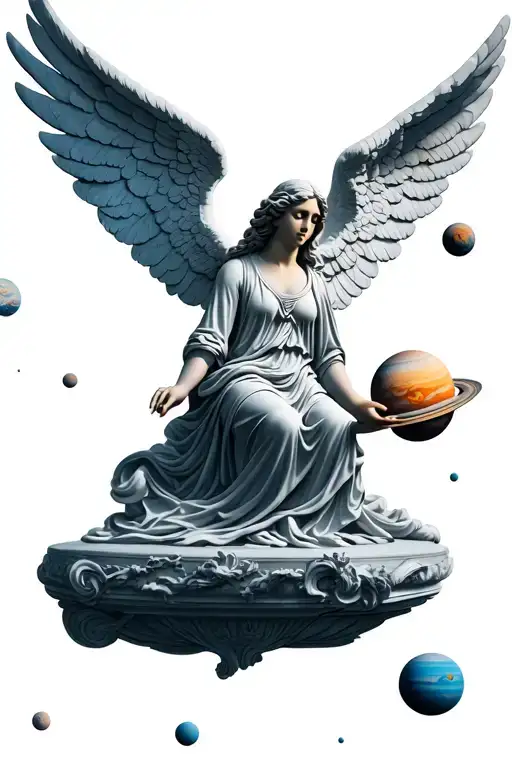 angel statue reaching for planets tattoo design idea