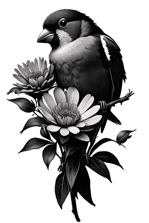 3 finches and flowers tattoo design idea