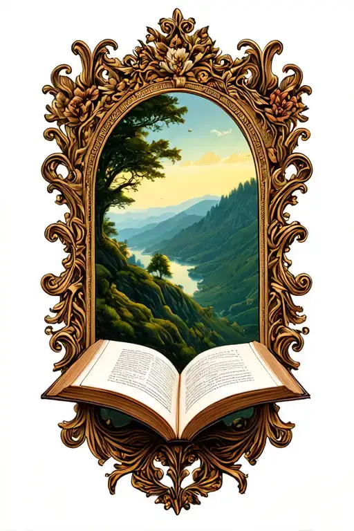open book below hillside baroque frame tattoo design idea