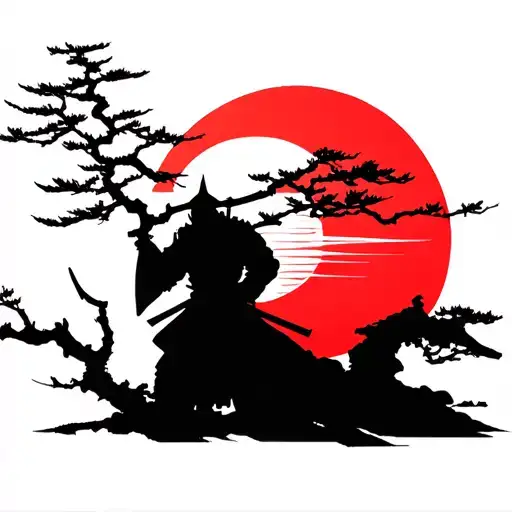 Japanese Ronin warrior sillhouette beside a dead Bonsai Tree in front of the rising sun tattoo design idea