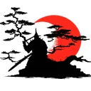 Japanese Ronin warrior sillhouette beside a dead Bonsai Tree in front of the rising sun tattoo design idea