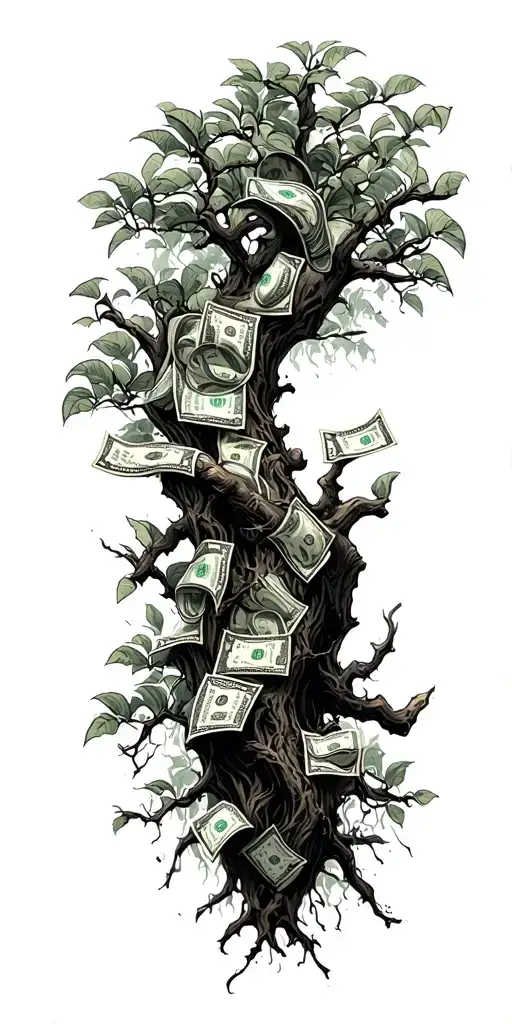 chasing money, tree branches, grinding all day mindset tattoo design idea