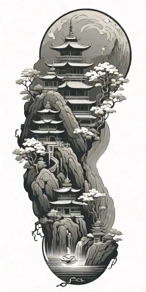 buddhist inpired tattoo focusing on scenary of temples, water, mountains and with lotus, koi, bamboo, and other symbols tattoo design idea