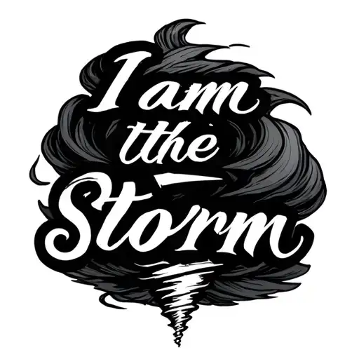 feminine script writing of "I am the storm" with a tiny, fine line tornado in the middle of the phrase, horizontally tattoo design idea