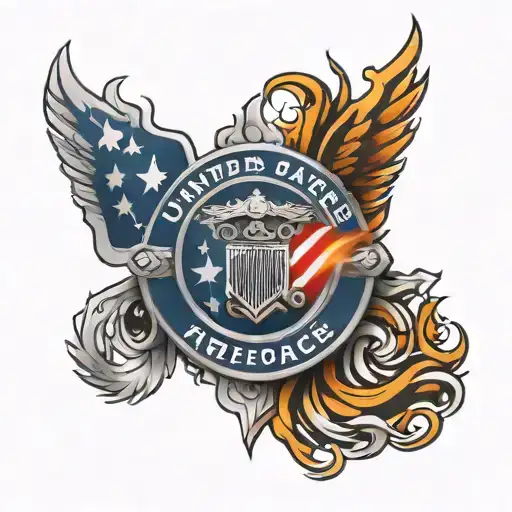shoulder tattoo of United States airforce fire protection badge with American flag and flames tattoo design idea