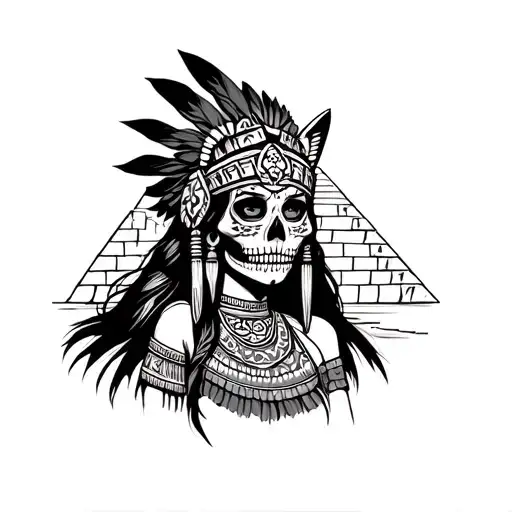 Aztec woman warrior with sugar skull for face, jaguar head gear, and pyramid in background tattoo design idea