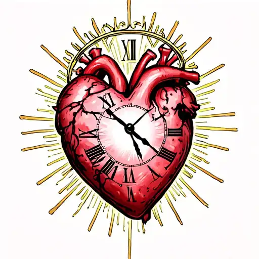 Heart with halo written James in and clock 9:48 a.m. tattoo design idea