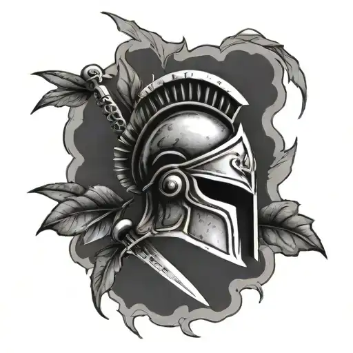 Spartan helmet with a sword through it and laurel leaves around the circumference tattoo design idea