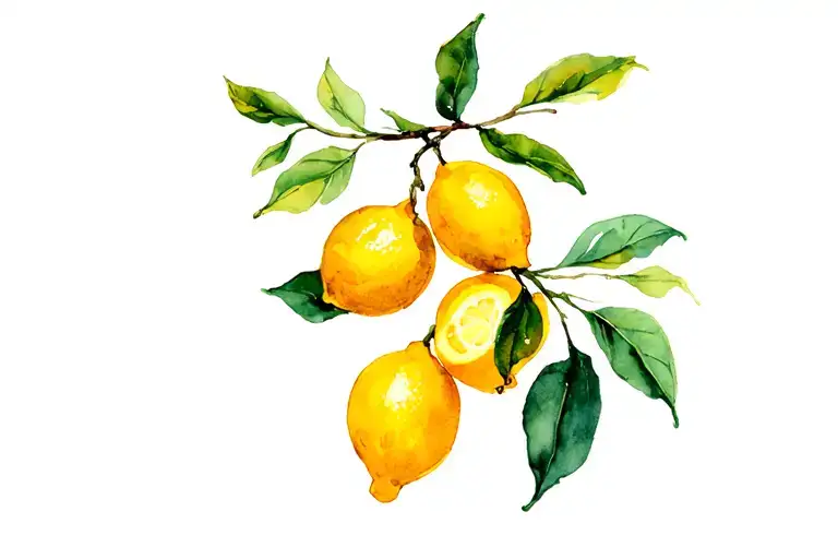 Delicate watercolor lemon branch hanging sideways with three lemons and leaves tattoo design idea