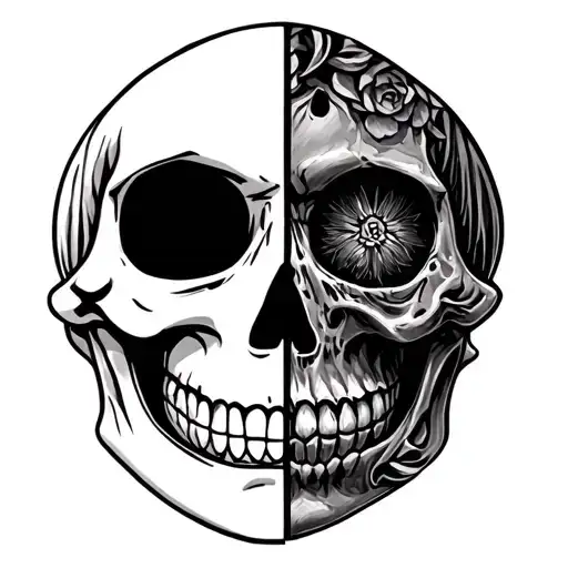 Split face. Half normal smiley face and half skull. Momento Mori tattoo design idea