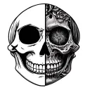 Split face. Half normal smiley face and half skull. Momento Mori tattoo design idea