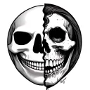 Split face. Half normal smiley face and half skull. Momento Mori tattoo design idea