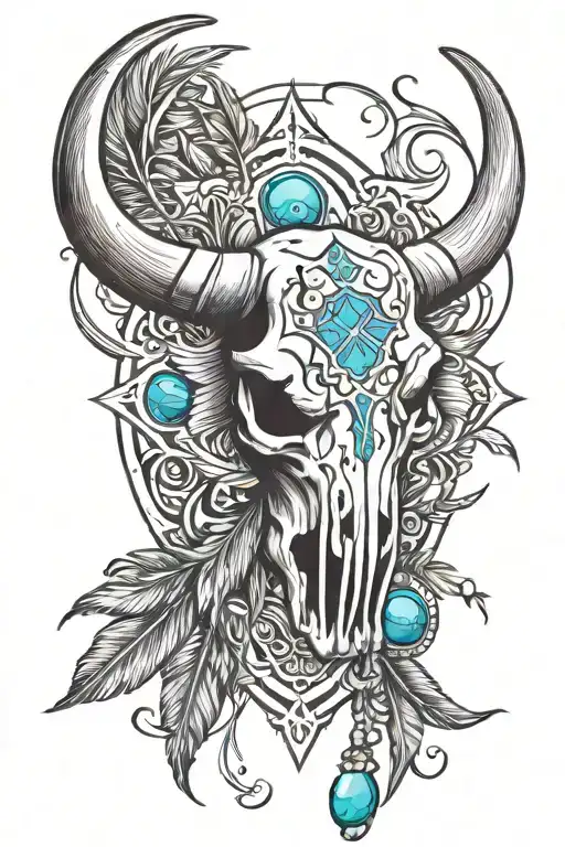 cross, bull skull, feathers, turquoise stones, bull tag tattoo design idea