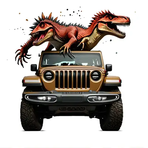 2 velociraptors attacking a beat up upsidown jeep wrangler tattoo design idea