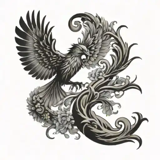 tree and phoenix bird flying out of tattoo design idea