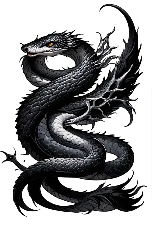 I want it to be black and gray,eastern long serpentine, fantasy blade,lighting and dark,inner forearm  tattoo design idea