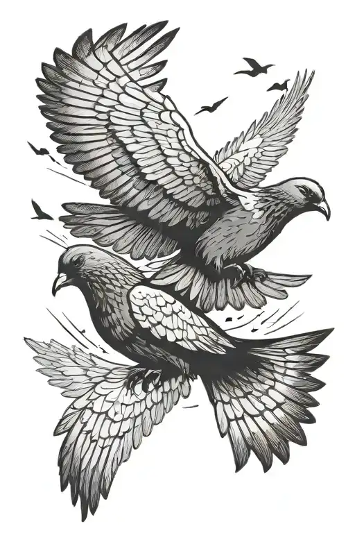 two pigeons flying towards eachother, one is above other, fying downards, other one is flying upwards tattoo design idea