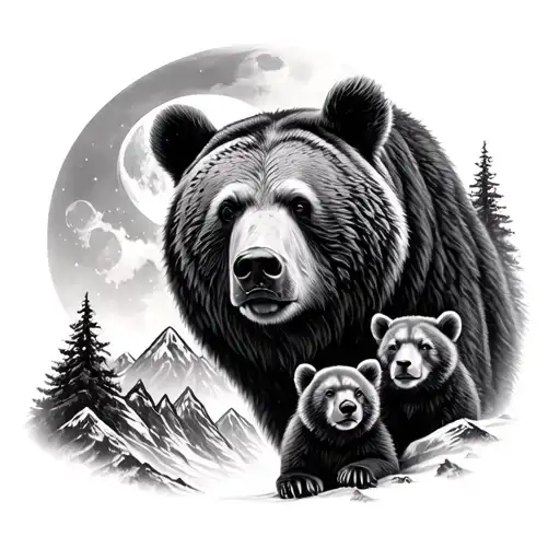 half of a Bear face with 3 cubs by mountains and moon realism tattoo design idea