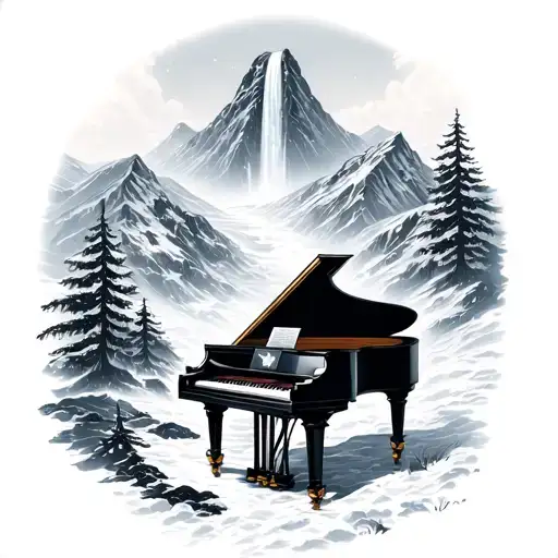 piano in snowy mountain with waterfall and storm  tattoo design idea