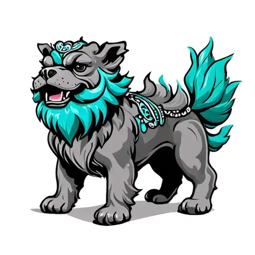black and grey Okinawa Shisa dogs with teal beard and tail tattoo design idea